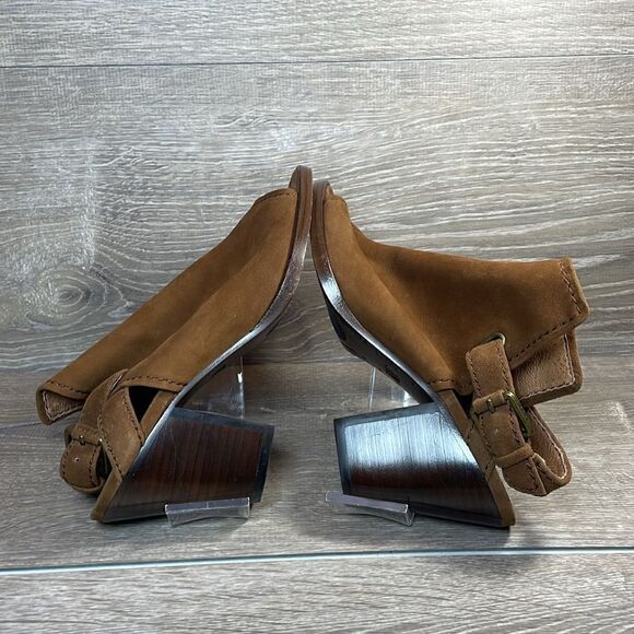 Frye Dani Shield Women’s Sz 7M Brown Suede Slingback Buckle Peep Toe Mules Heels - Picture 9 of 12